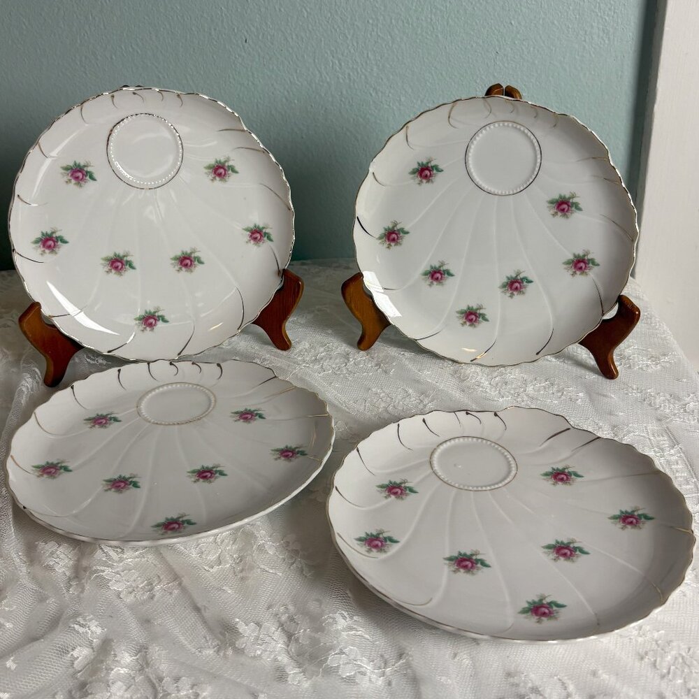 Set of 4 Porcelain Snack Plates with Rosebuds 7.75" Scalloped Edge